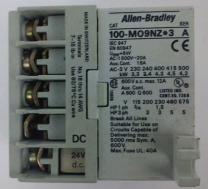 ALLEN BRADLEY 100-M09NZ*3 SER. A CONTACTOR AC-500V-20A, 600V MAX 12A, 24VDC COIL