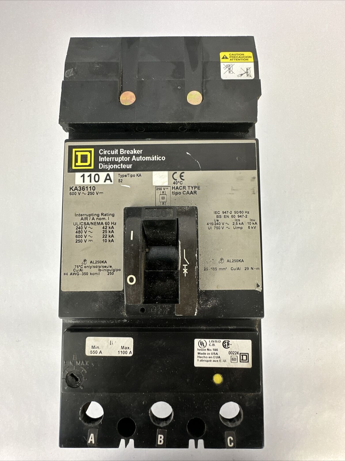 SQUARE D KA36110 CIRCUIT BREAKER 600VAC 250VDC 110AMP 3POLE