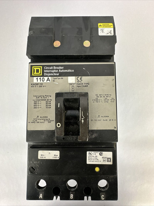 SQUARE D KA36110 CIRCUIT BREAKER 600VAC 250VDC 110AMP 3POLE