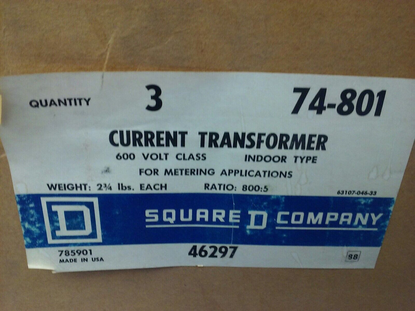 SQUARE D 74-801 CURRENT TRANSFORMER, 600V, INDOOR TYPE, RATIO: 800:5, LOT OF 3