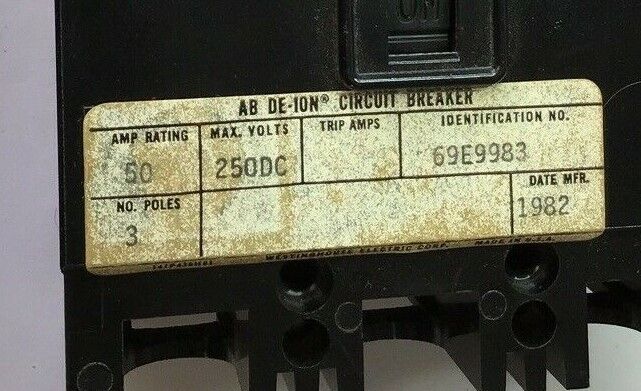 WESTINGHOUSE 69E9983 50A  FB CIRCUIT BREAKER 250VDC 3POLE