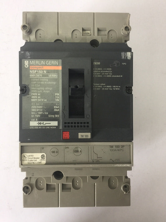 MERLIN GERIN NSF150N CIRCUIT BREAKER 100A 600Y/347V 50/60HZ 3 POLE