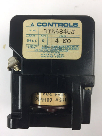 ALLIS-CHALMERS 3TA6840J CONTROL RELAY COIL 115 V 60 HZ *PLASTIC IS BROKEN OFF*