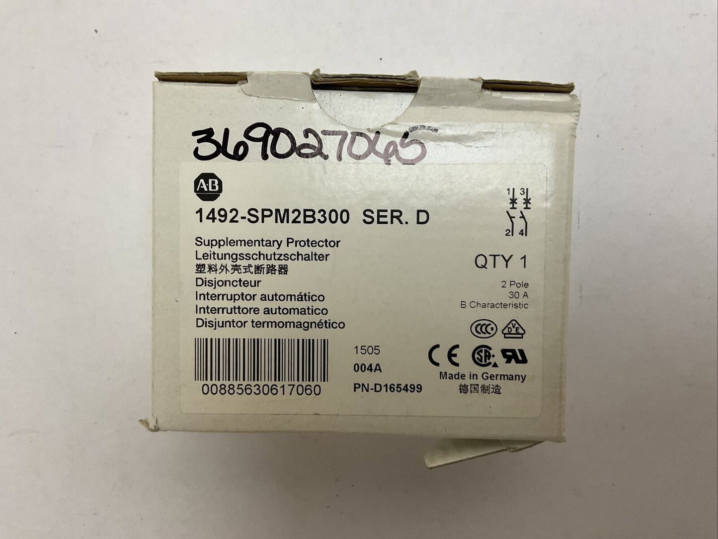 ALLEN BRADLEY 1492-SPM2B300 SER D SUPPLEMENTARY PROTECTOR 2POLE 30AMP