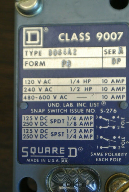SQUARE D 9007 B064A2 HEAVY DUTY LIMIT SWITCH / NEW SURPLUS / FORM P8