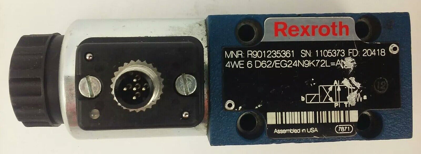 REXROTH, 4WE 6 D62/EG24N9K72L=AN, HYDRAULIC VALVE,MNR:R901235361,SN:1105373,USED