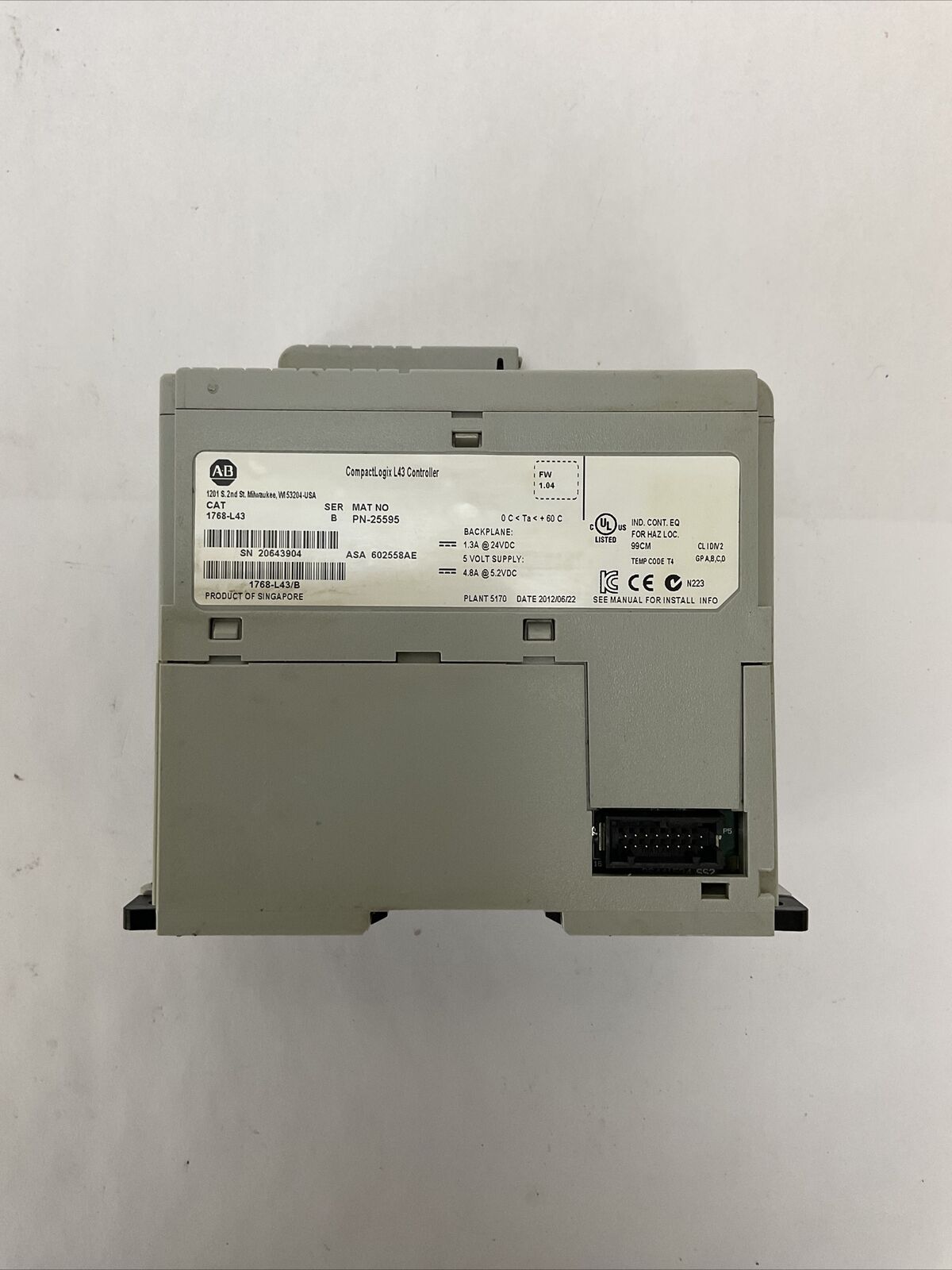 ALLEN BRADLEY 1768-L43 SER B FW 1.04 COMPACT LOGIX CONTROLLER