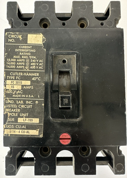 CUTLER HAMMER FC3015 CIRCUIT BREAKER 15AMP 600VAC 3POLE