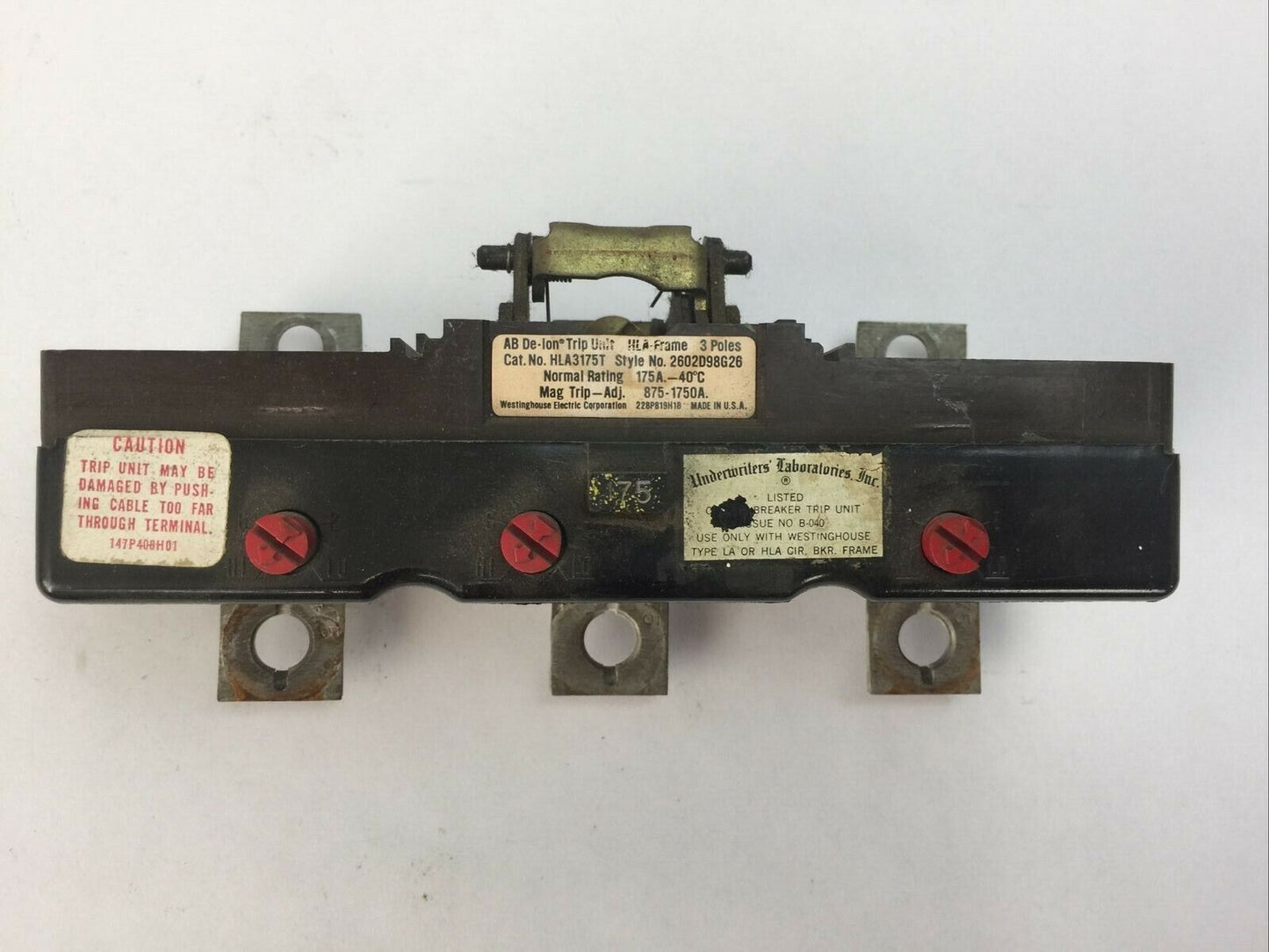 WESTINGHOUSE HLA3175T AB DE-ION TRIP UNIT 175AMP 3POLE MAG TRIP ADJ 875-1750A
