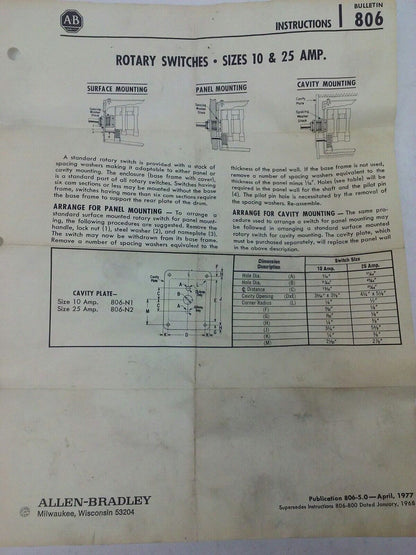ALLEN BRADLEY BULLENTIN 806 J666731-1 SER. A, ROTARY PILOT SWITCH, 6 CIRCUITS