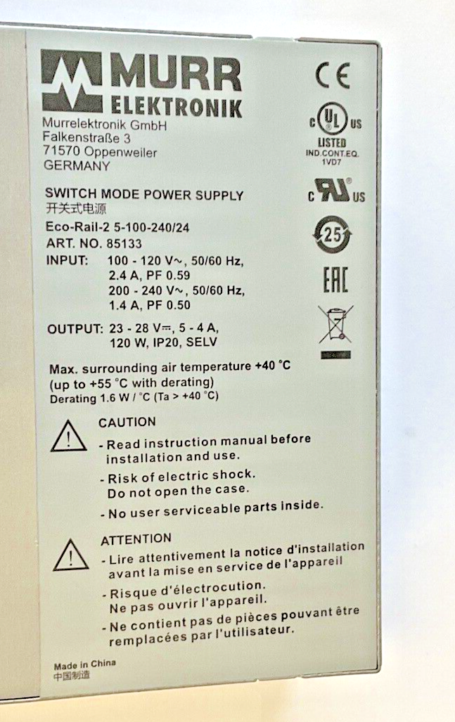 MURR ELEKTRONIK ECO-RAIL-2 5-100-240/24 SWITCH MODE POWER SUPPLY 240VAC 2.4/1.4A