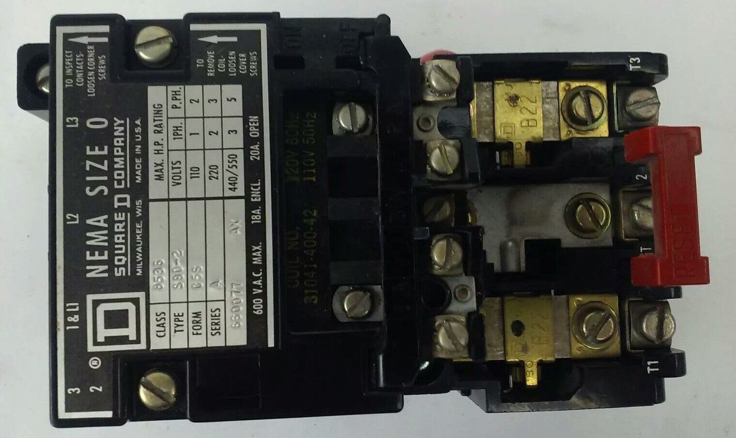 SQUARE D  CLASS 8536, TYPE SB0-2,STARTER, 3PH,600V,20A,5HP,SIZE 0,120V COIL,USED