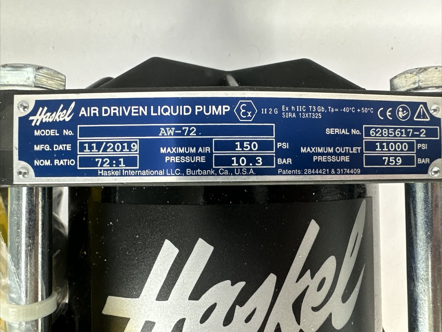 HASKEL AW-72 AIR DRIVEN LIQUID PUMP AIR 150PSI 10.3BAR OUTLET 11000PSI 28881-KIT