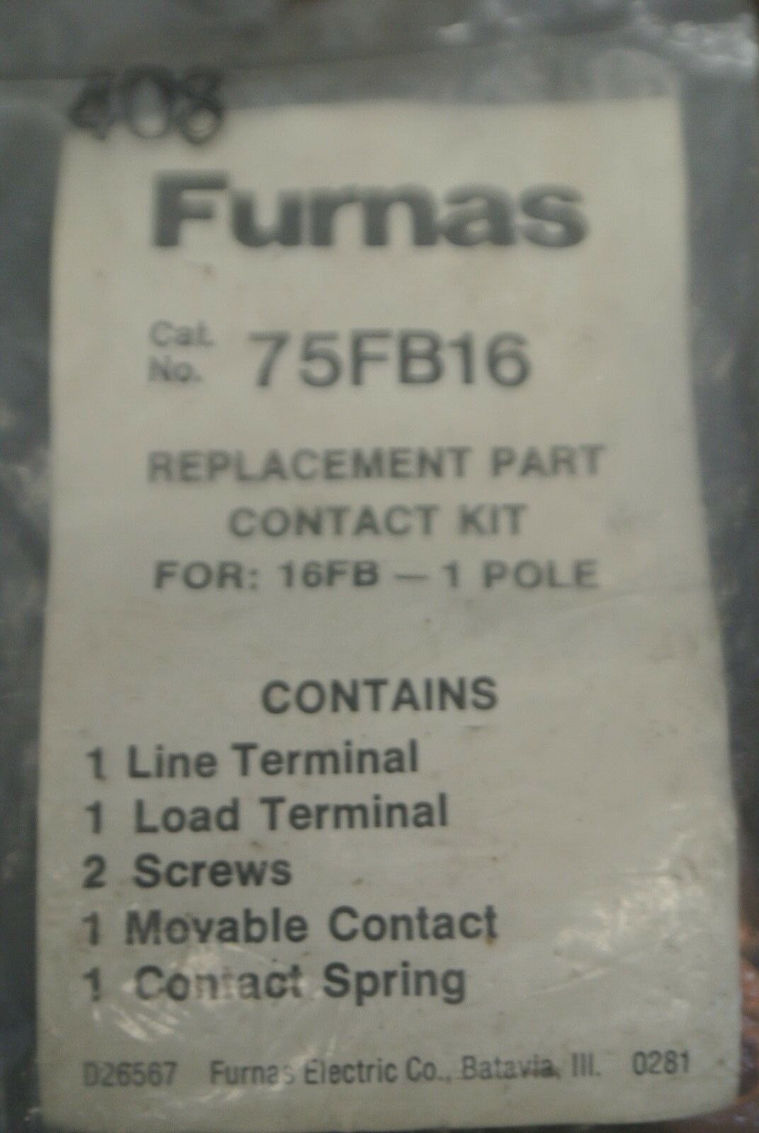 FURNAS 75FB16 / CONTACT KIT / for 16FB 1 POLE / NEW SURPLUS