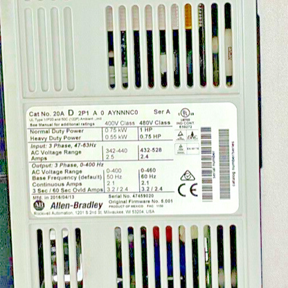 ALLEN BRADLEY 20AD2P1A0AYNNNC0 POWERFLEX AC DRIVE SER.A FRMW:5.001