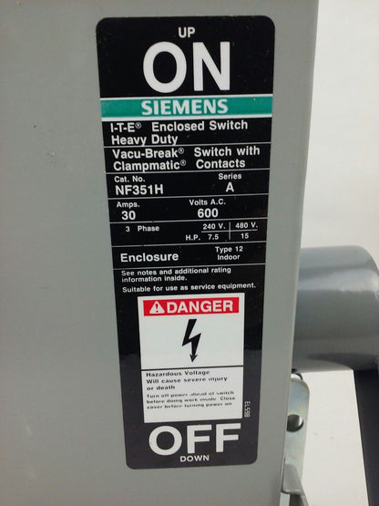 I-T-E SIEMENS NF351H SER. A, H.D. ENCLOSED SWITCH, 30A, 600V, 3PH, TYPE 12, NEW