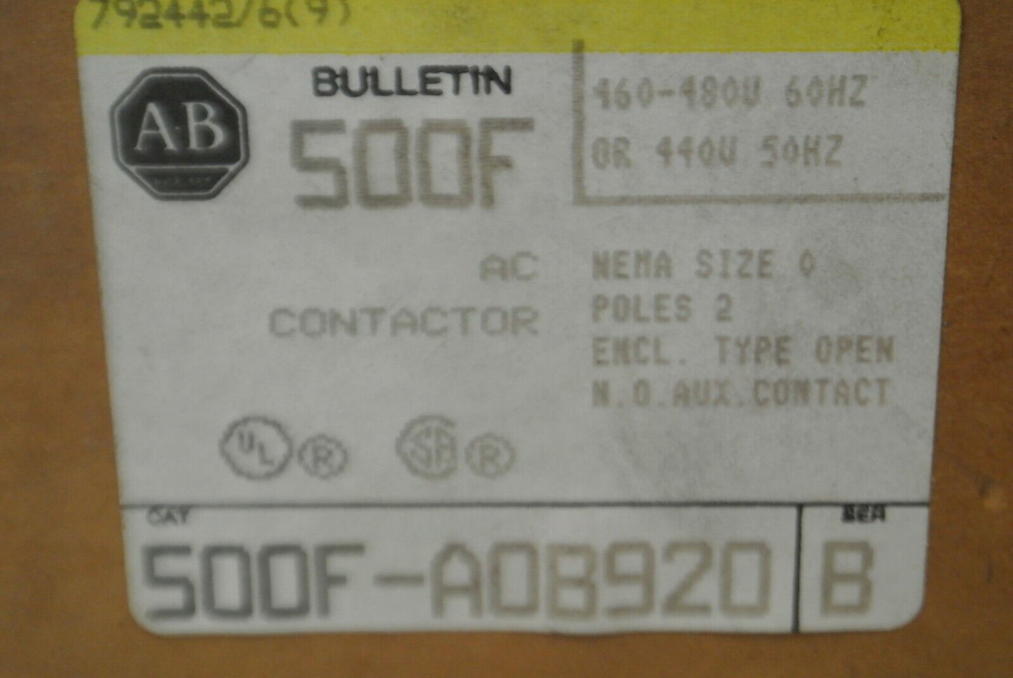 ALLEN-BRADLEY 500F-AOB920 / AC CONTACTOR / SIZE 0 / 2-POLE / NO CONTACTS