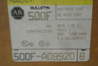ALLEN-BRADLEY 500F-AOB920 / AC CONTACTOR / SIZE 0 / 2-POLE / NO CONTACTS