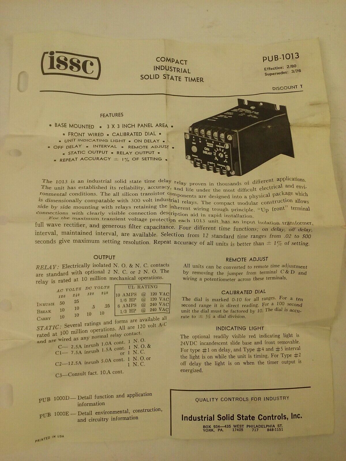 ISSC 1013-1-D-5-B TIME CONTROL RELAY TYPE 5, RANGE .06-1, INPUT 115V 50/60HZ