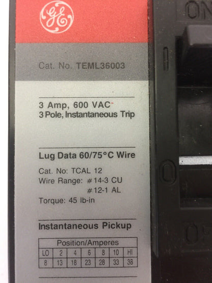 GE TEML36003 MAG-BREAK CIRCUIT BREAKER 3AMP 600VAC 3 POLE INSTANTANEOUS TRIP