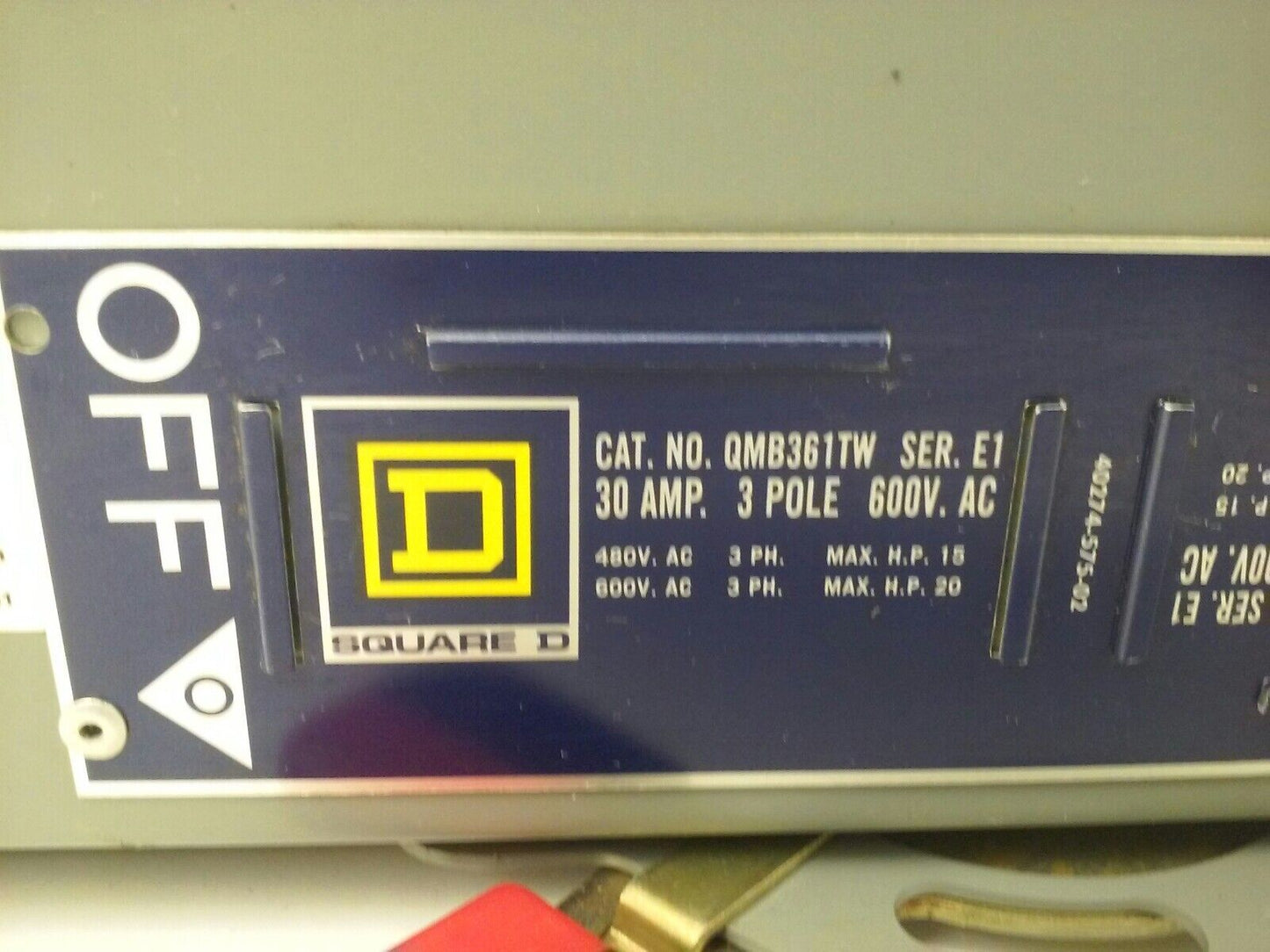 SQUARE D QMB361TW SERIES E1 FUSIBLE TWIN PANELBOARD SWITCH 30A 600V 3P 20HP