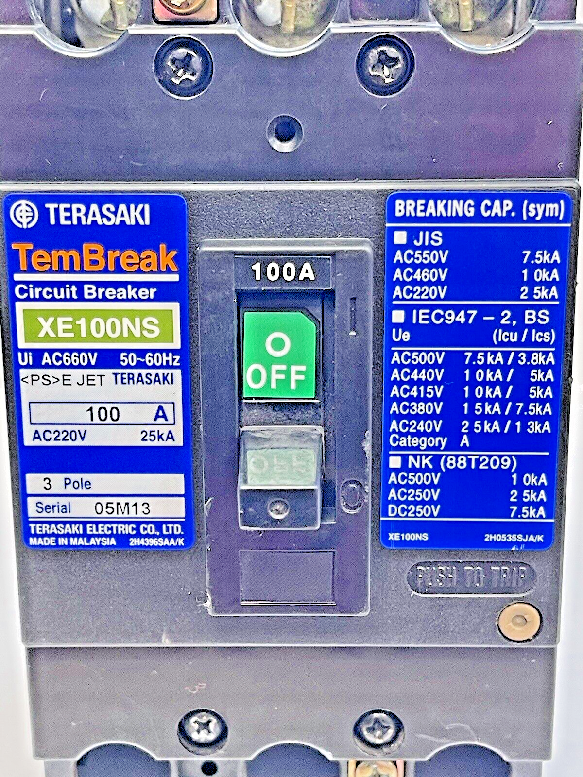 TERASAKI - XE100NS - CIRCUIT BREAKER - 3 POLE, 100 AMP, 50-60Hz, 660 VAC