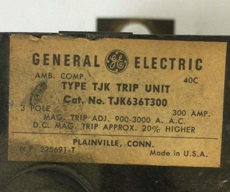 GE TJK636T300 TRIP UNIT 300 AMP 3 POLE MAG TRIP ADJ 900-3000A