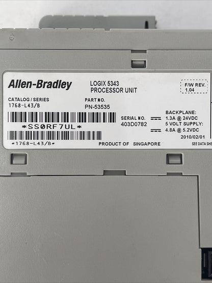 ALLEN BRADLEY 1768-L43 LOGIX 5343 PROCESSOR UNIT SER B F/W REV 1.04 BACKPLANE