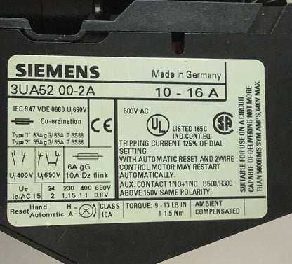 SIEMENS 3TF4222-0A CONTACTOR 600VAC 30A W/ 3UA52 00-2A OVERLOAD RELAY 10-16A