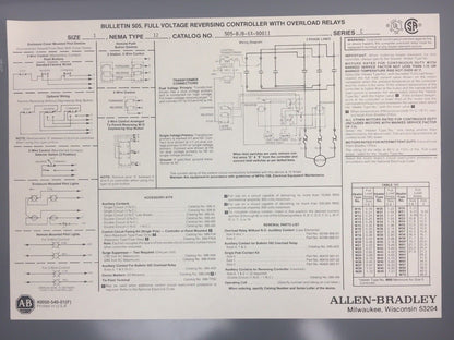 ALLEN BRADLEY 505-BJB-6X-90011 FULL VOLTAGE REVERSING STARTER 115-120V 60HZ