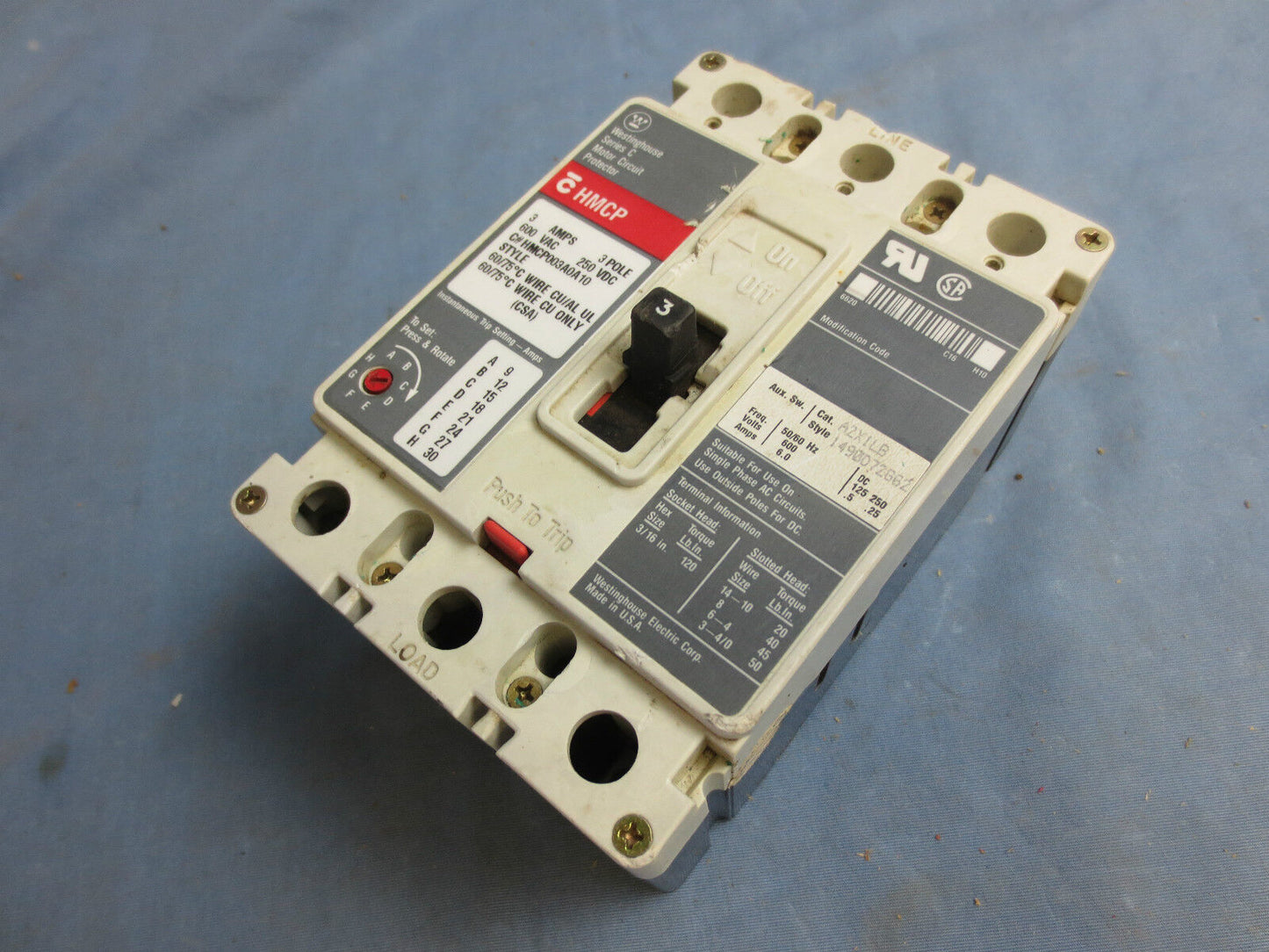 CUTLER-HAMMER HMCP003A0A10 SERIES C MOTOR CIRCUIT PROTECTOR / CIRCUIT BREAKER 3A