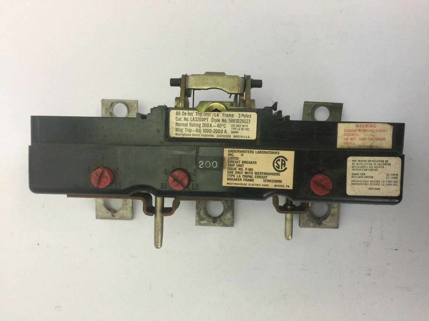 WESTINGHOUSE LA3200PT AB DE-ION TRIP UNIT 300A 3POLE MAG. TRIP.-ADJ. 1000-2000A