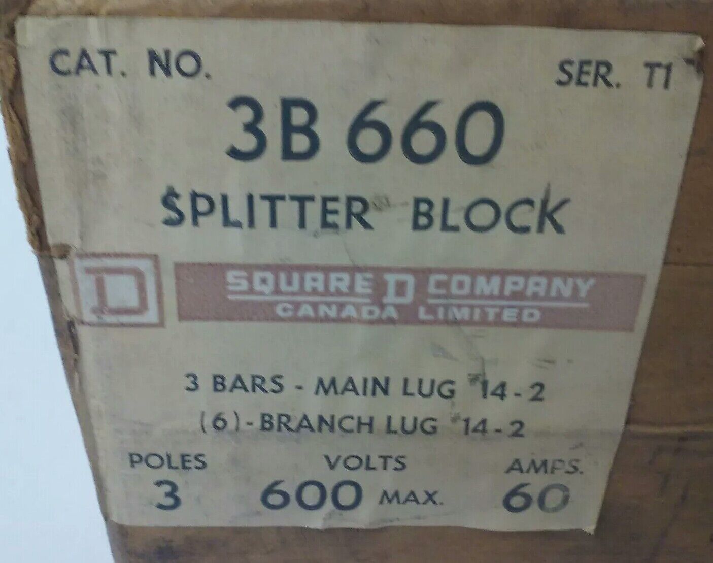 SQUARE D 3B 660 SPLITTER BLOCK 3B660, 3P, 600V, 60A, 3 BARS- MAIN LUG #14-2, NEW