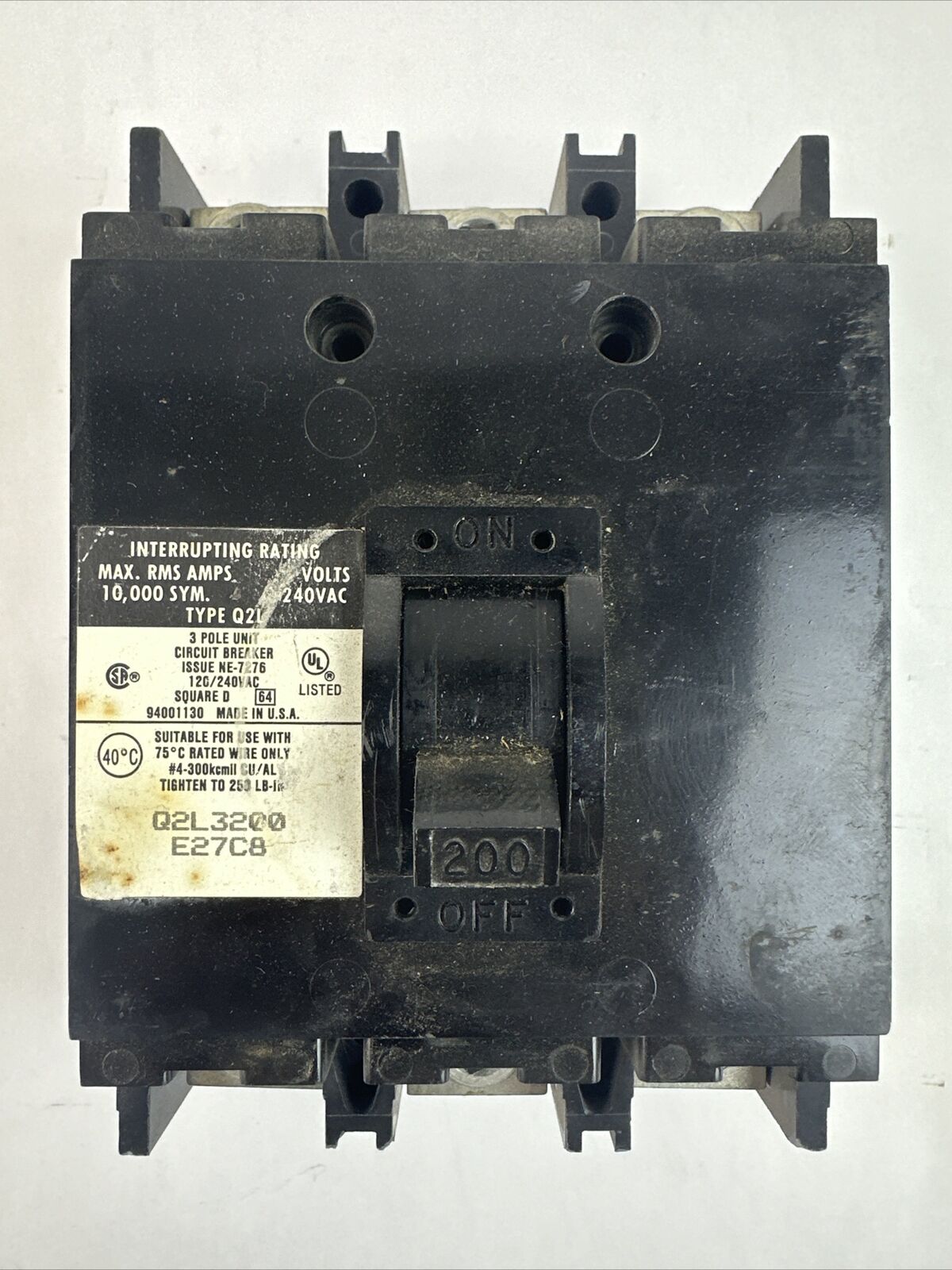 SQUARE D Q2L3200 CIRCUIT BREAKER 200AMP 120/240VAC 3POLE TYPE Q2L