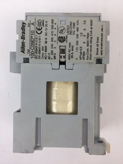 ALLEN BRADLEY 100-C09D*10 CONTACTOR 600VAC 25A COIL 24VDC