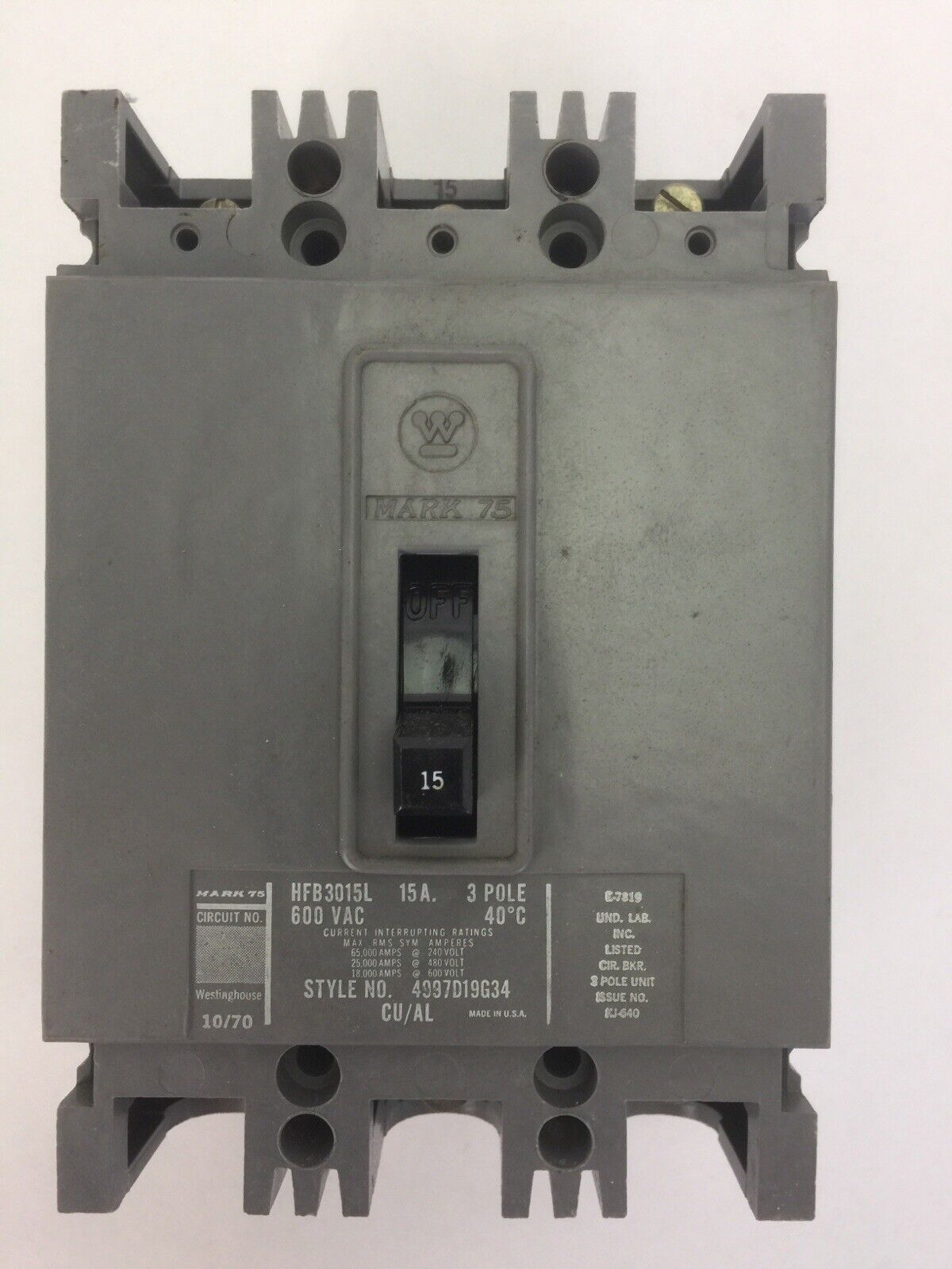WESTINGHOUSE HFB3015L AB DE-ION CIRCUIT BREAKER 15A 600VAC 3POLE 4997D19G34
