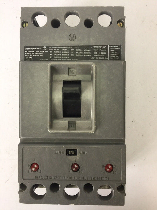WESTINGHOUSE HKA3225F CIRCUIT BREAKER 600VAC 225A 3 POLE TRIP UNIT 175A