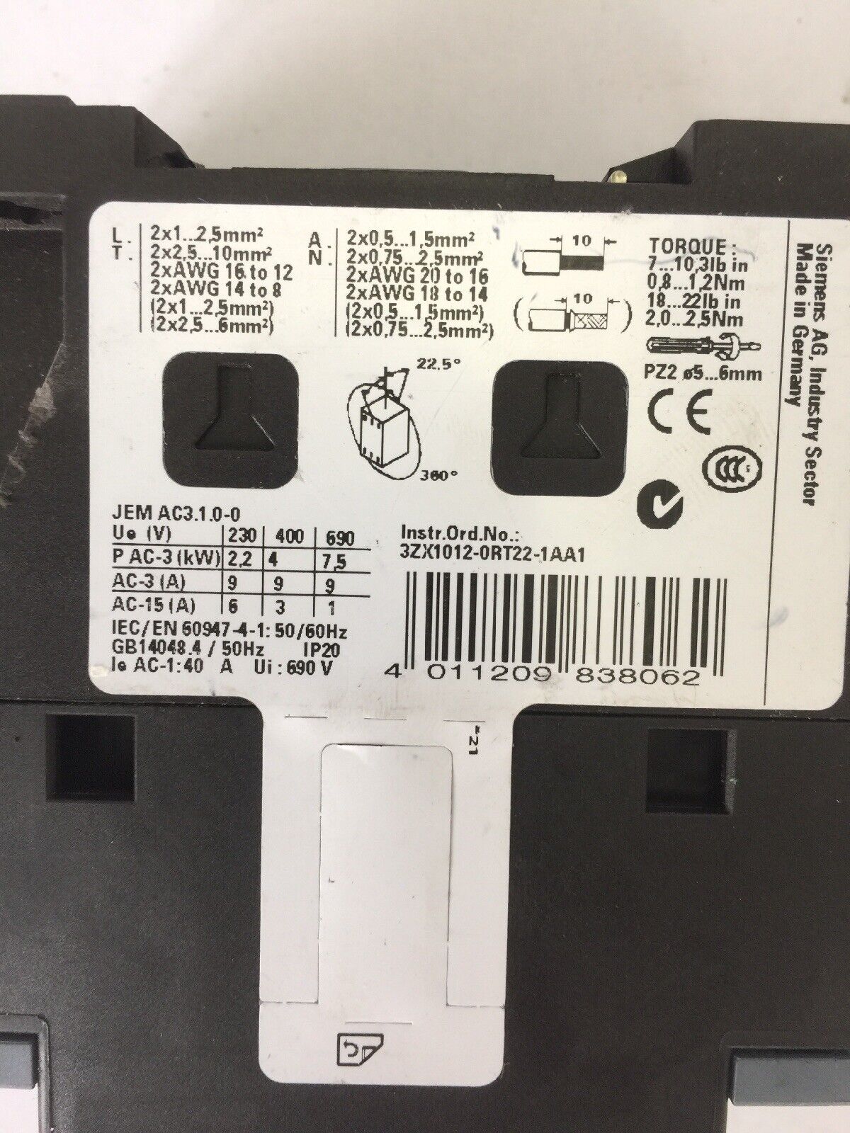 SIEMENS 3RT2023-1AN20 CONTACTOR 600VAC 3 POLE SIRIUS G/131119*E02* 220V 50/60HZ