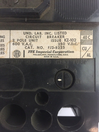 ITE SIEMENS FJ2-B225 CIRCUIT BREAKER 600VAC 250VDC 225AMP 2POLE