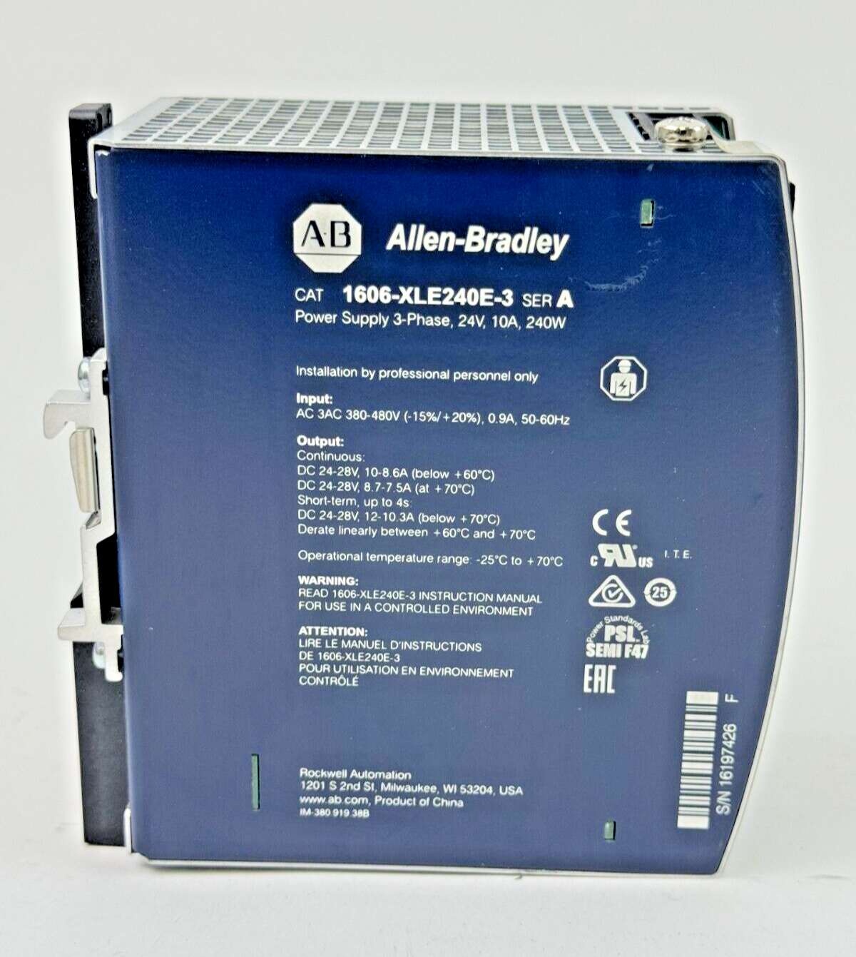 ALLEN-BRADLEY - 1606-XLE240E-3 SER. A - POWER SUPPLY - 3 PH, 240 W, 24 VDC, 10 A