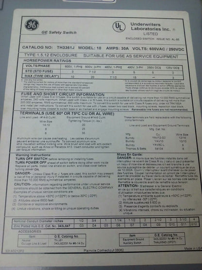 GE TH3361J MODEL 10 SAFETY SWITCH 3PH 30A 600V 20HP TYPE 1,5,12 ENCLOSURE