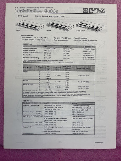 ETA X482R-S00-0500-4-44X44-19-048 COMPACT POWER DISTRIBUTION -72VDC..+72VDC 800A