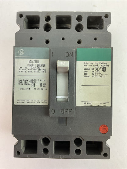 GE TED136040 40AMP 600VAC 250VDC 3POLE CIRCUIT BREAKER