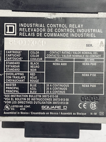 SQUARE D 8501X040 INDUSTRIAL CONTROL RELAY SER A COIL 120V 60HZ