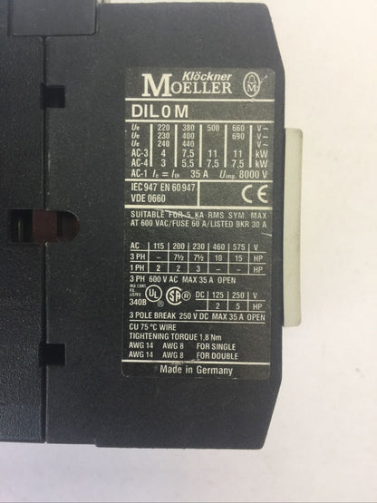 KLOCKNER MOELLER STARTER DIL 0M CONTACTOR 3POLE 250VDC 35A 15HP COIL 240V 60HZ