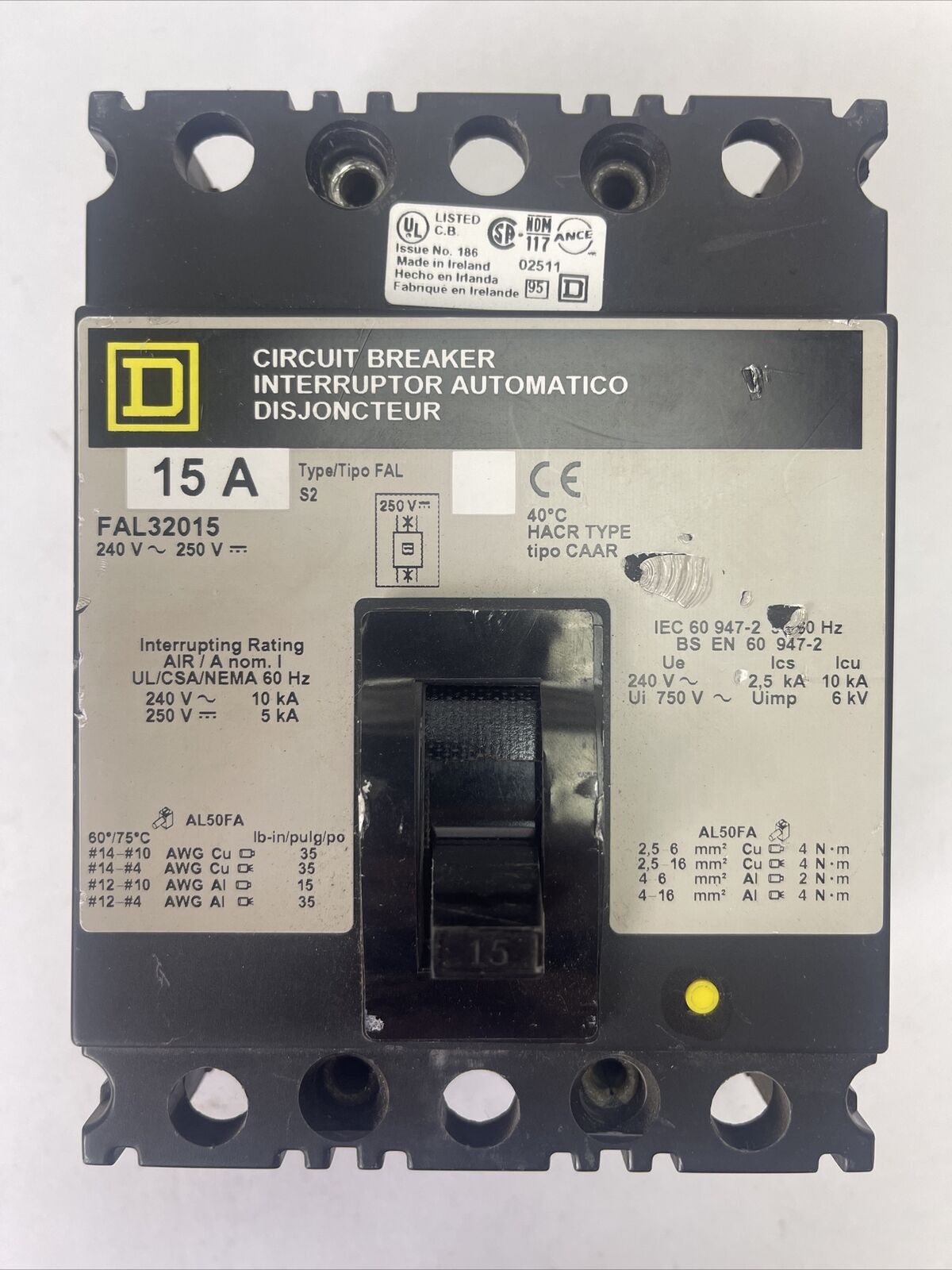 SQUARE D FAL32015 CIRCUIT BREAKER 240VAC 250VDC 15AMP 3POLE