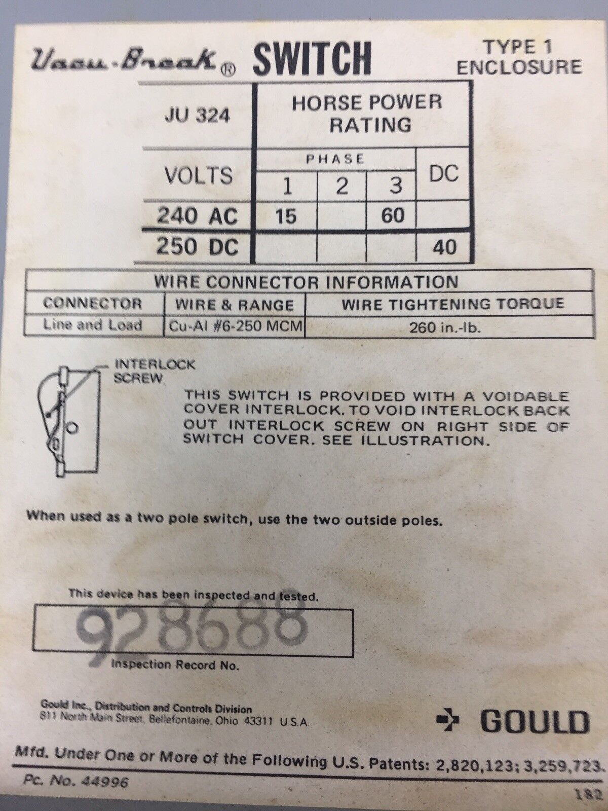 GOULD JU324 VACU-BREAK SWITCH WITH CLAMPMATIC  CONTACTS 200 AMPS 3 PHASE 240 VAC