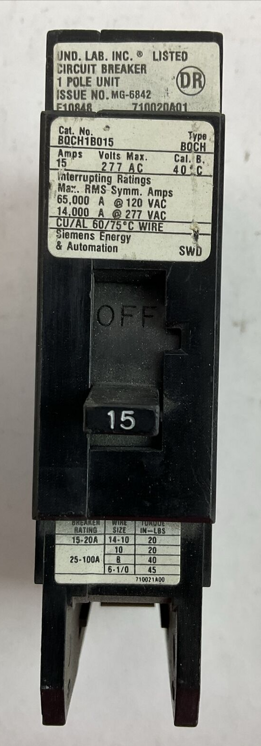 SIEMENS BQCH1B015 CIRCUIT BREAKER 15AMP 1POLE 277VAC