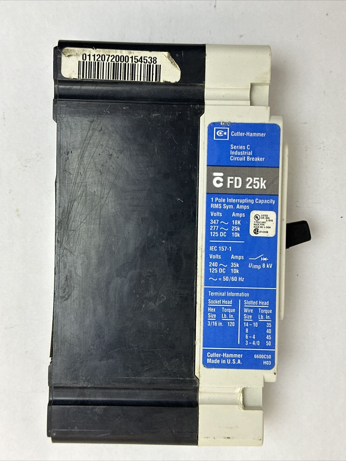 CUTLER HAMMER FD1015 CIRCUIT BREAKER 15AMP 1POLE SER C 277V-50/60HZ 125V-DC