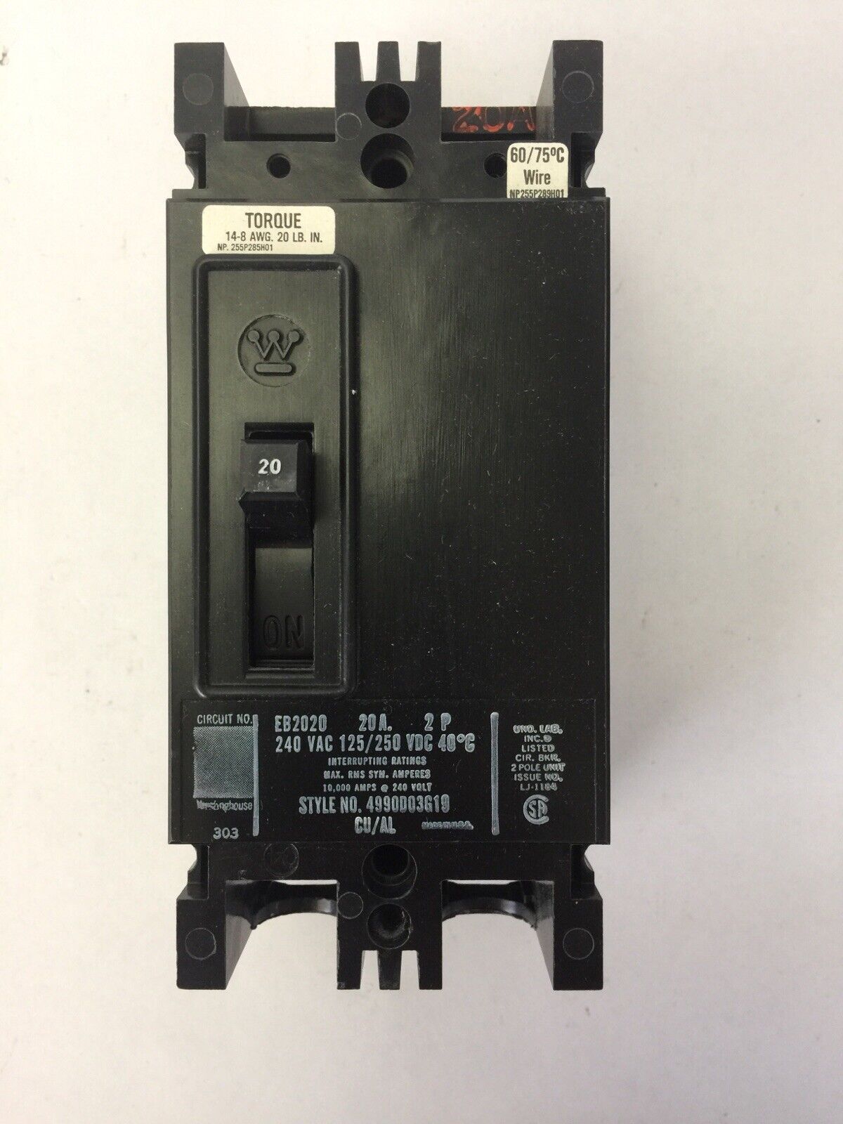 WESTINGHOUSE EB2020 EB 40C THERM MAG BKR 2P 20A 240 VAC 125/250 VDC